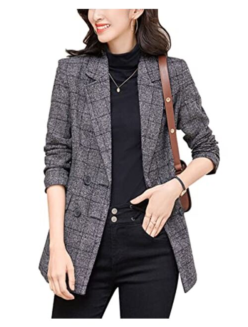 ebossy Women's Notch Lapel 2 Button Boyfriend Blazer Suit Houndstooth Plaid Jacket Coat