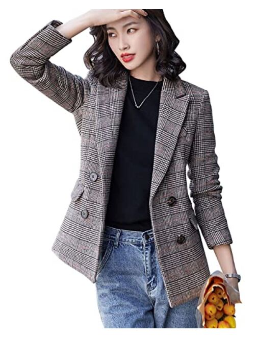 ebossy Women's Notch Lapel 2 Button Boyfriend Blazer Suit Houndstooth Plaid Jacket Coat