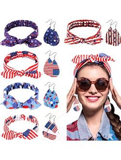 Willbond 10 Pieces Patriotic American Flag Headband for Women Leather Leaf Earrings Teardrop Earrings Headwrap Knot Headwrap Red White and Blue Printed Elastic Rabbit Ear