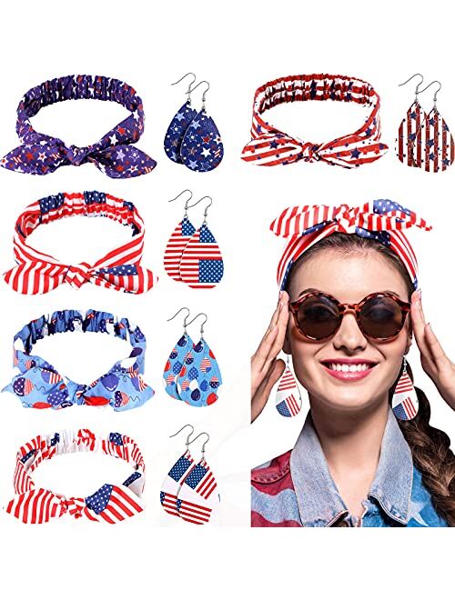 Willbond 10 Pieces Patriotic American Flag Headband for Women Leather Leaf Earrings Teardrop Earrings Headwrap Knot Headwrap Red White and Blue Printed Elastic Rabbit Ear