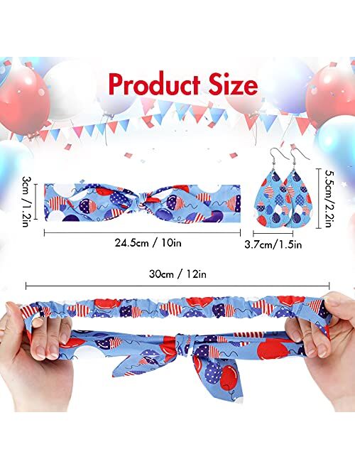 Willbond 10 Pieces Patriotic American Flag Headband for Women Leather Leaf Earrings Teardrop Earrings Headwrap Knot Headwrap Red White and Blue Printed Elastic Rabbit Ear