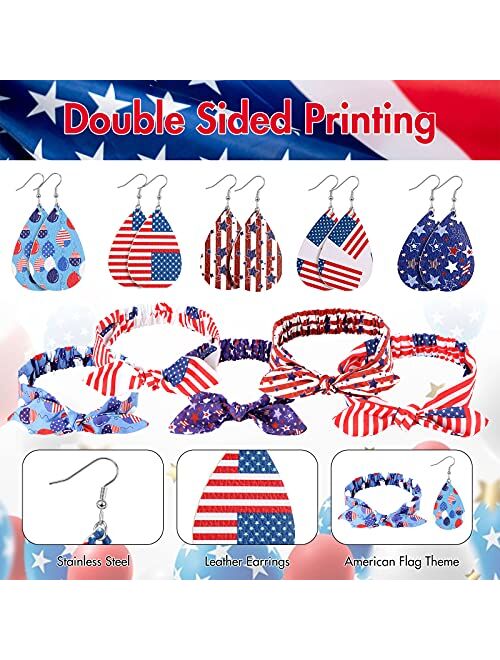 Willbond 10 Pieces Patriotic American Flag Headband for Women Leather Leaf Earrings Teardrop Earrings Headwrap Knot Headwrap Red White and Blue Printed Elastic Rabbit Ear