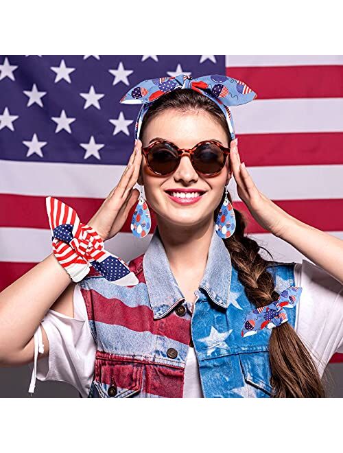 Willbond 10 Pieces Patriotic American Flag Headband for Women Leather Leaf Earrings Teardrop Earrings Headwrap Knot Headwrap Red White and Blue Printed Elastic Rabbit Ear