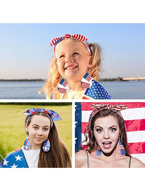 Willbond 10 Pieces Patriotic American Flag Headband for Women Leather Leaf Earrings Teardrop Earrings Headwrap Knot Headwrap Red White and Blue Printed Elastic Rabbit Ear