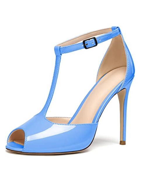 Eldof Womens Peep Toe T-Strap High Heel Pumps Ankle Buckle 4 Inch Stiletto Sandals Casual Office Ladies Shoes