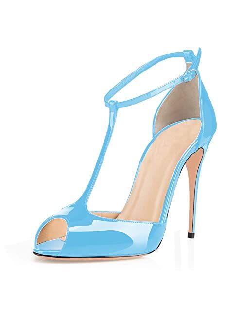 Eldof Womens High Heel Sandals| Peep Toe T-Strap 10cm Pumps | Ankle Buckle Wedding Dress Shoes