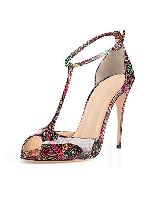 Eldof Womens High Heel Sandals| Peep Toe T-Strap 10cm Pumps | Ankle Buckle Wedding Dress Shoes