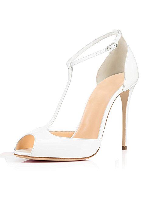 Eldof Womens High Heel Sandals| Peep Toe T-Strap 10cm Pumps | Ankle Buckle Wedding Dress Shoes