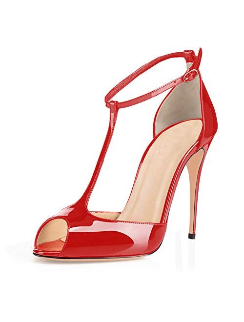 Eldof Womens High Heel Sandals| Peep Toe T-Strap 10cm Pumps | Ankle Buckle Wedding Dress Shoes