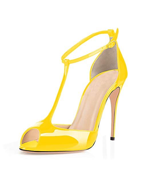 Eldof Womens High Heel Sandals| Peep Toe T-Strap 10cm Pumps | Ankle Buckle Wedding Dress Shoes