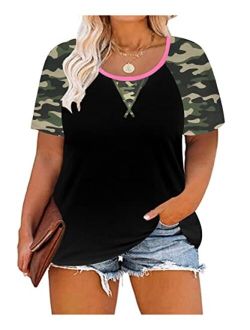 CARCOS Womens Plus Size Tops Short Sleeve Shirts Color Block Tunic Raglan Henley Blouses XL-5XL