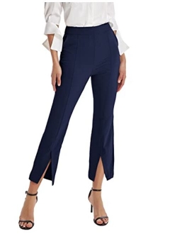 Women's Split Front Dress Pants Business Casual Work Crop Pants High Waisted Trousers with Pockets