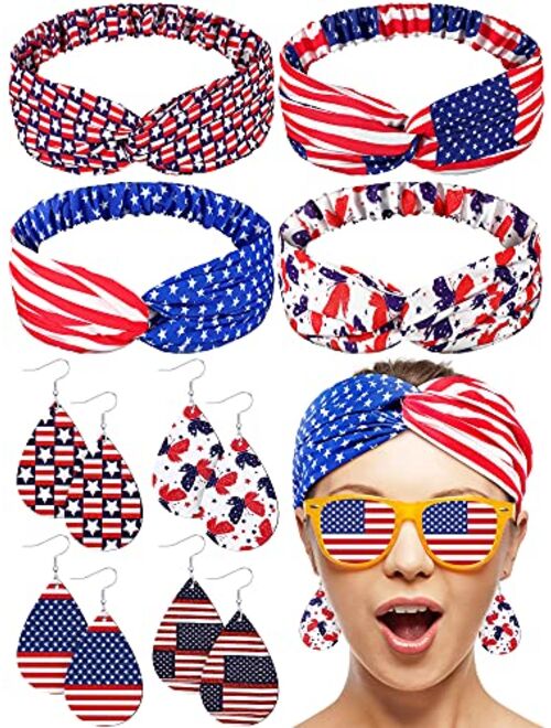 Otuuz 4 Pieces American Flag Patriotic Accessories for Women USA Flag Sport Headbands Sweat Bands Non Slip Thin Lightweight Breatheable Head Band, 4 Pairs Leather Earring