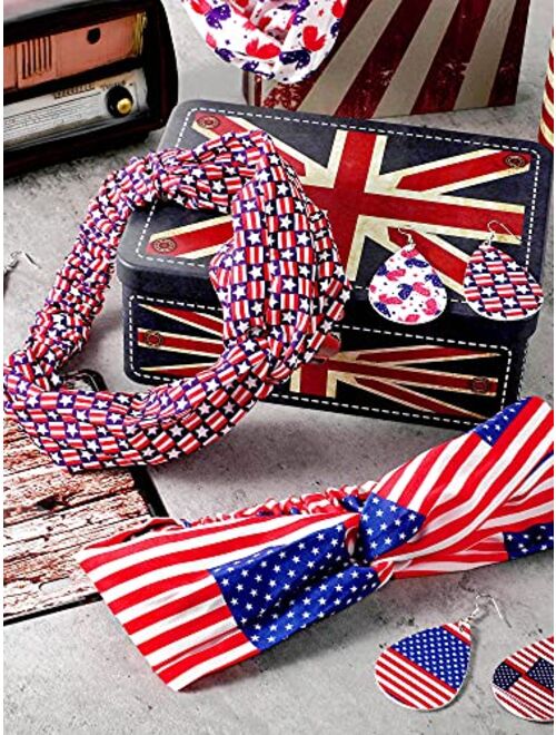 Otuuz 4 Pieces American Flag Patriotic Accessories for Women USA Flag Sport Headbands Sweat Bands Non Slip Thin Lightweight Breatheable Head Band, 4 Pairs Leather Earring