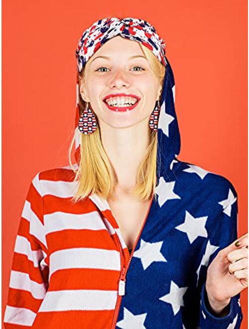 Otuuz 4 Pieces American Flag Patriotic Accessories for Women USA Flag Sport Headbands Sweat Bands Non Slip Thin Lightweight Breatheable Head Band, 4 Pairs Leather Earring