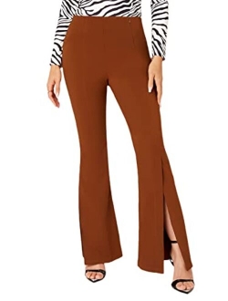 Women's Split Front Elastic High Waist Elegant Flare Leg Long Pants