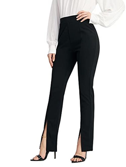 WDIRARA Women's Split Front Elastic High Waist Elegant Flare Leg Long Pants