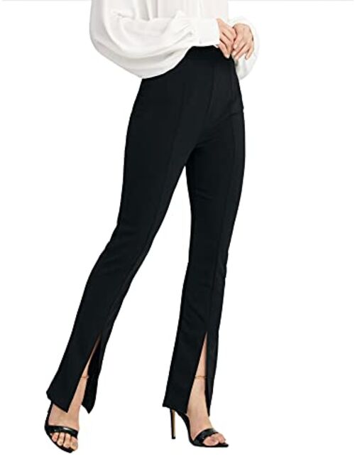 WDIRARA Women's Split Front Elastic High Waist Elegant Flare Leg Long Pants