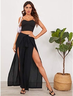 Women's Split Elastic Waist Wide Leg Tie Front Wrap Long Pants