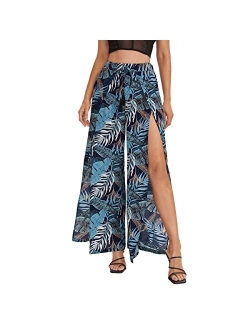 Women's Split Elastic Waist Wide Leg Tie Front Wrap Long Pants