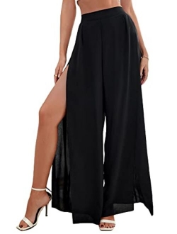 Women's Split Elastic Waist Wide Leg Tie Front Wrap Long Pants