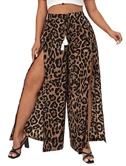 Women's Split Elastic Waist Wide Leg Tie Front Wrap Long Pants