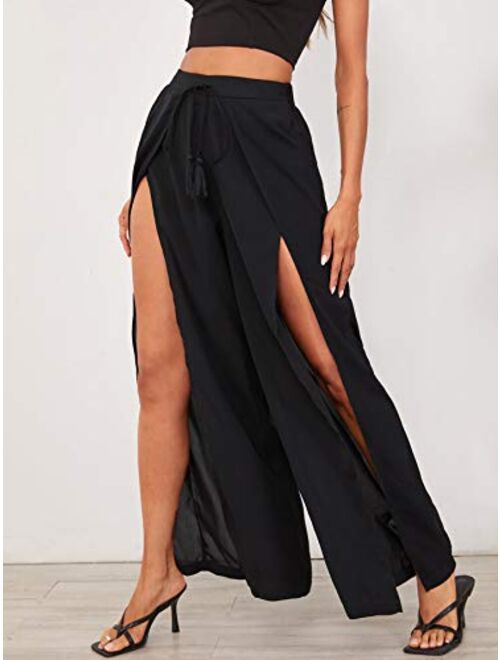 WDIRARA Women's Split Elastic Waist Wide Leg Tie Front Wrap Long Pants