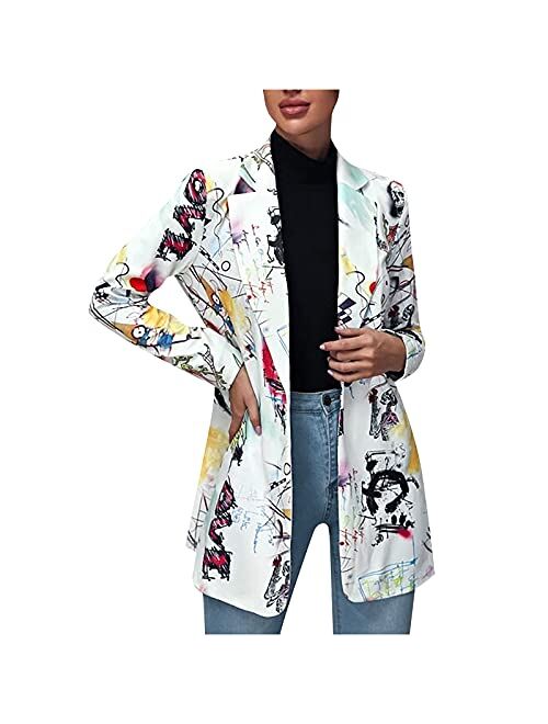 Shopessa Blazer for Women Fashion 2021 Casual Abstract Print Open Front Suit Jacket Long Sleeve Y2K Lapel Coat