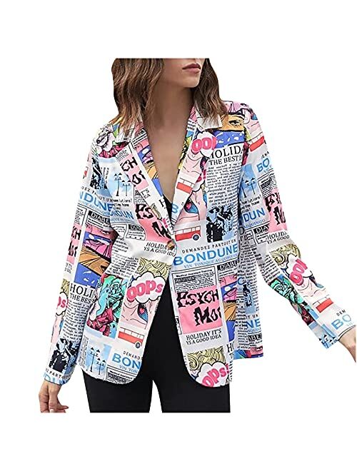 Shopessa Blazer for Women Fashion 2021 Casual Abstract Print Open Front Suit Jacket Long Sleeve Y2K Lapel Coat