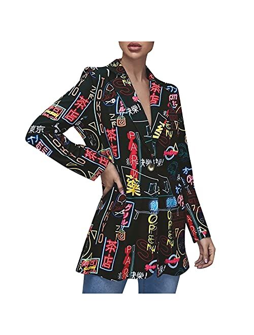 Shopessa Blazer for Women Fashion 2021 Casual Abstract Print Open Front Suit Jacket Long Sleeve Y2K Lapel Coat