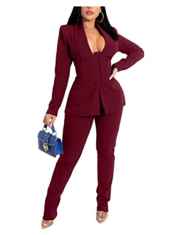 Kafiloe Women Sexy 2 Piece Outfits Long Sleeve Blazer and Pants Set Elegant Offiec Business Suit for Work