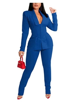 Kafiloe Women Sexy 2 Piece Outfits Long Sleeve Blazer and Pants Set Elegant Offiec Business Suit for Work