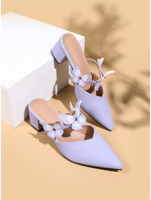 Shein Butterfly Decor Point Toe Chunky Heeled Mule Pumps