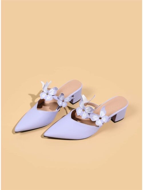 Shein Butterfly Decor Point Toe Chunky Heeled Mule Pumps