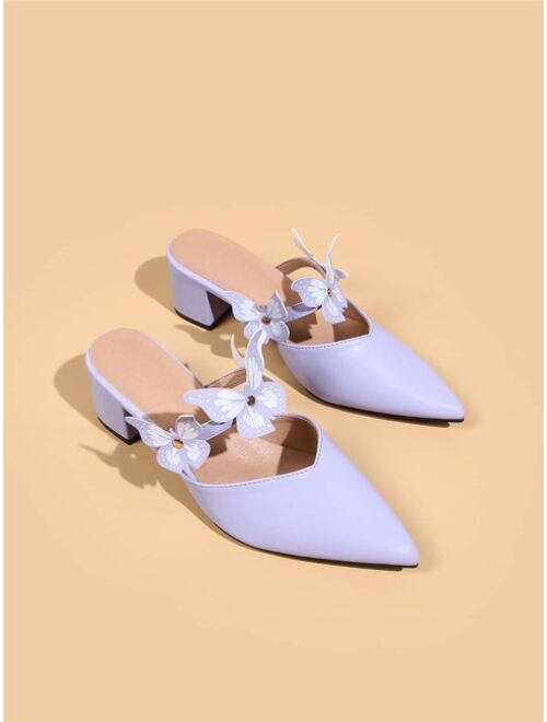 Shein Butterfly Decor Point Toe Chunky Heeled Mule Pumps