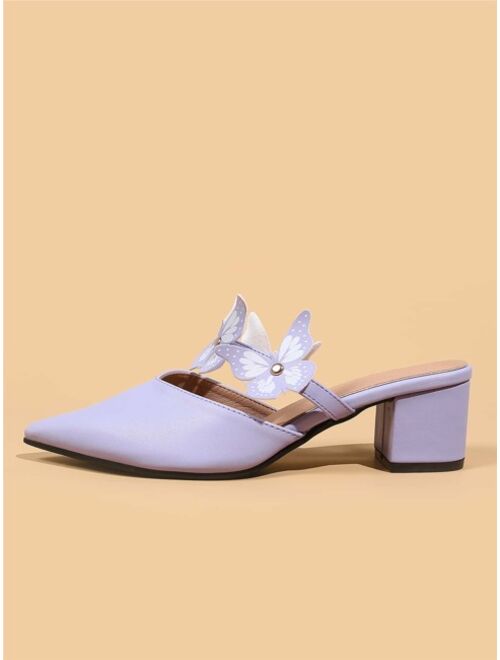 Shein Butterfly Decor Point Toe Chunky Heeled Mule Pumps