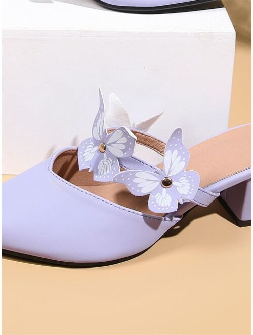 Shein Butterfly Decor Point Toe Chunky Heeled Mule Pumps