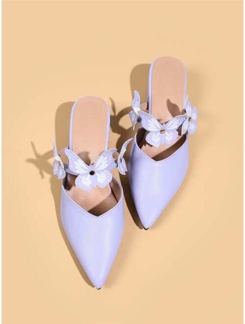 Shein Butterfly Decor Point Toe Chunky Heeled Mule Pumps