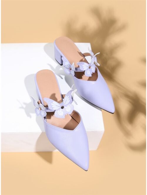 Shein Butterfly Decor Point Toe Chunky Heeled Mule Pumps