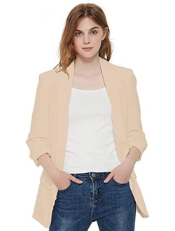 Charis Allure Womens 3/4 Ruched Sleeve Blazer Jacket Lightweight Work Office Open Front Solid Coat, Black