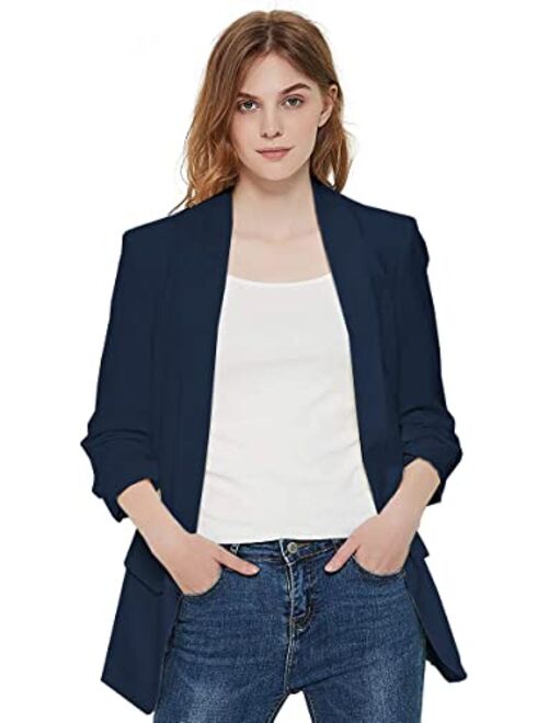 Charis Allure Womens 3/4 Ruched Sleeve Blazer Jacket Lightweight Work Office Open Front Solid Coat, Black