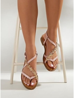 Metal Decor Ankle Strap Thong Sandals