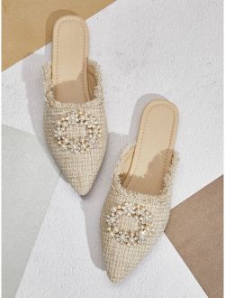 Raw Trim Faux Pearl Decor Flat Mules