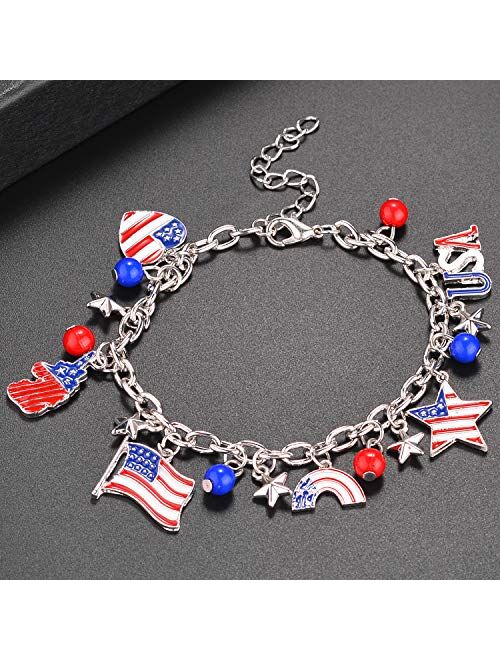 Lux Accessories Silver America Americana 4th of July American Pride Flag Map Red Blue Stars USA Chain Bracelet