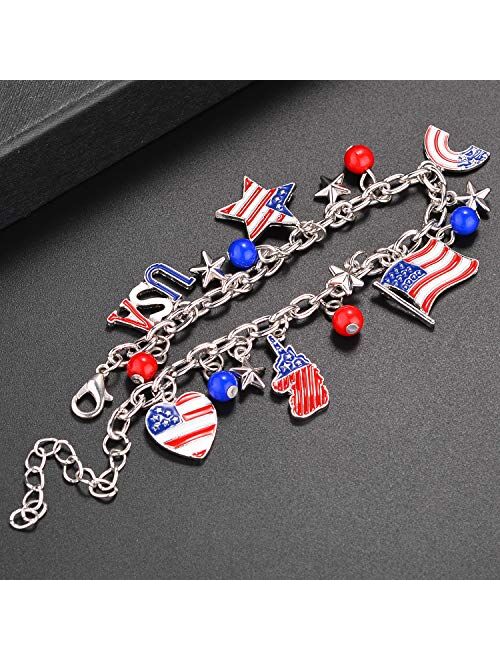 Lux Accessories Silver America Americana 4th of July American Pride Flag Map Red Blue Stars USA Chain Bracelet