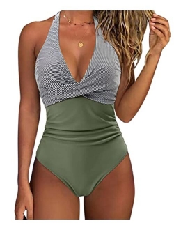 Women Sexy Tummy Control One Piece Swimsuits Halter Push Up Bathing Suits