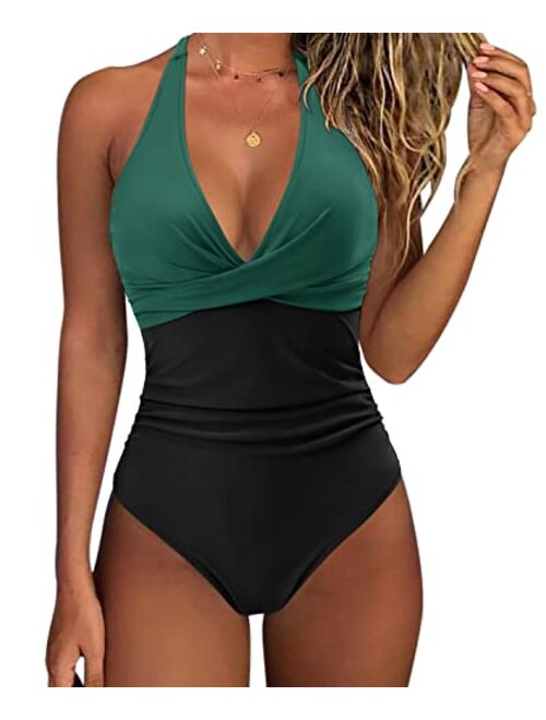 SUUKSESS Women Sexy Tummy Control One Piece Swimsuits Halter Push Up Bathing Suits