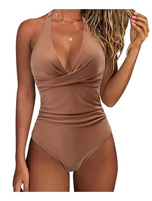 SUUKSESS Women Sexy Tummy Control One Piece Swimsuits Halter Push Up Bathing Suits