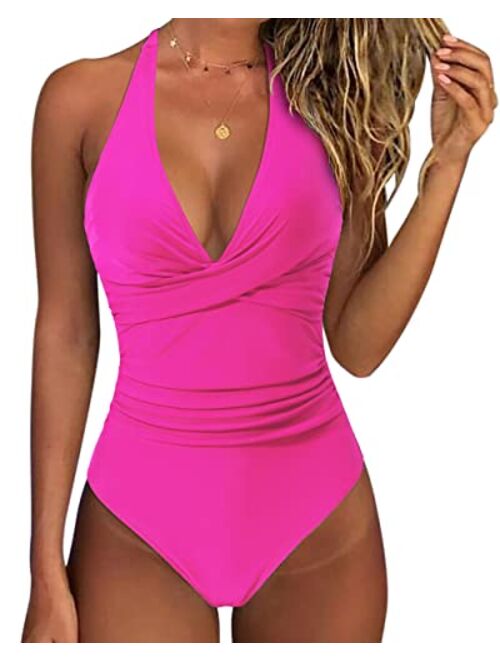 SUUKSESS Women Sexy Tummy Control One Piece Swimsuits Halter Push Up Bathing Suits