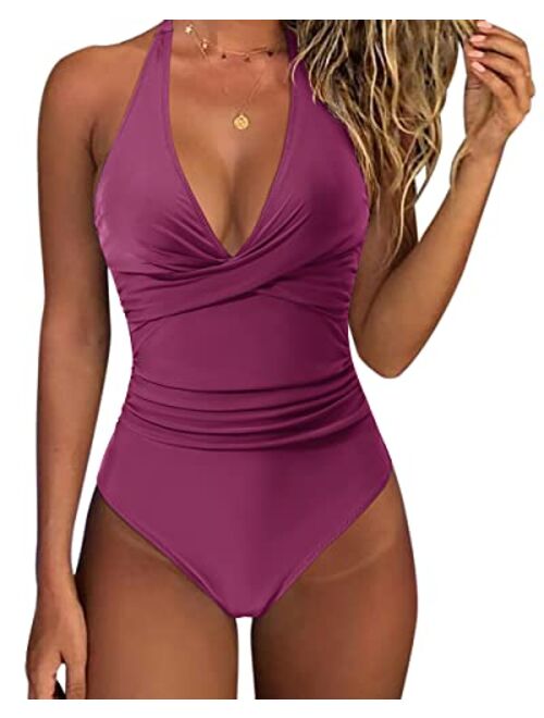 SUUKSESS Women Sexy Tummy Control One Piece Swimsuits Halter Push Up Bathing Suits